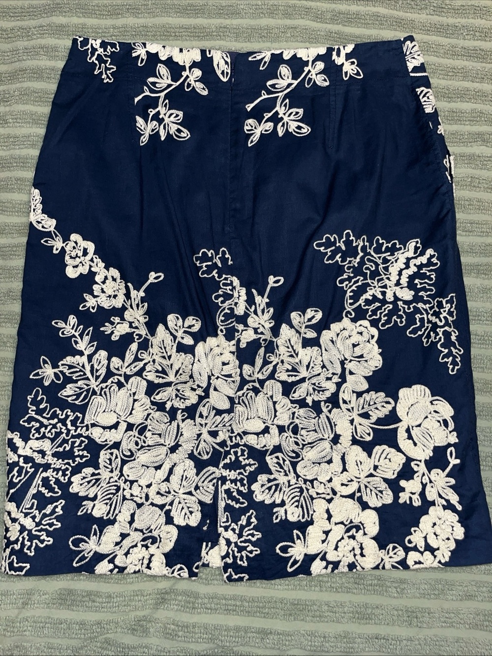 J. Crew Navy Blue Pencil Skirt with ivory Floral Embroidery - Picture 2 of 7